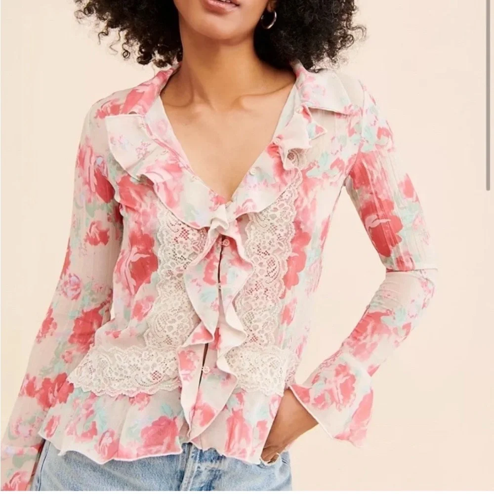Free People Bad At Love Ruffle Button Up Blouse Size Medium